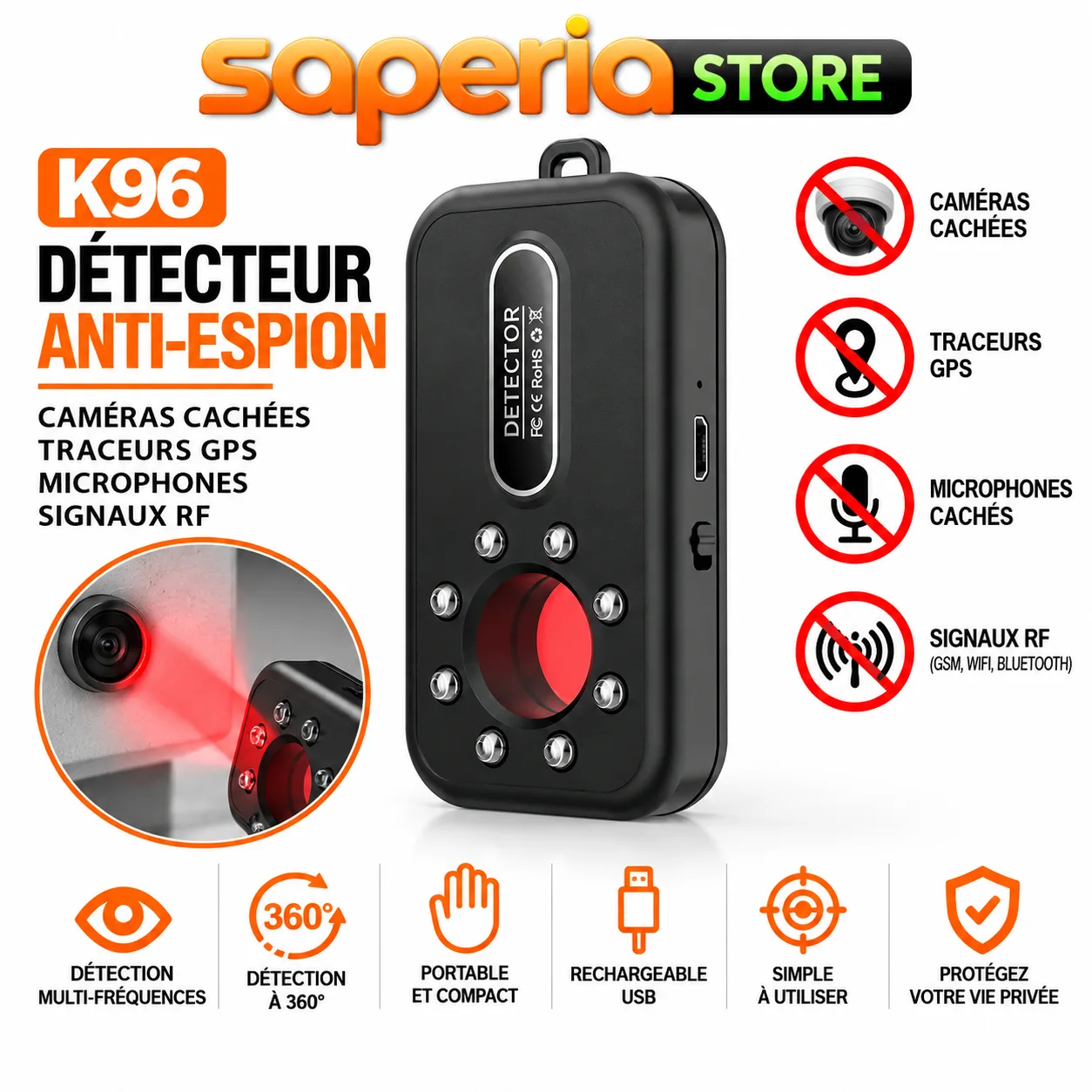 Détecteur Anti-Espion Portable K96, Détecteur de Caméras Cachées, Traceur GPS et RF, Objectif Espion