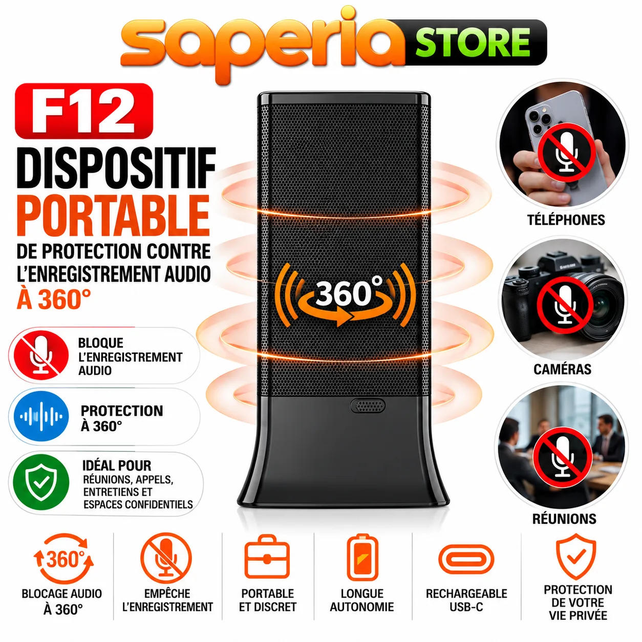 F12 – Dispositif Portable de Protection contre l’Enregistrement Audio à 360°pour téléphone/caméra